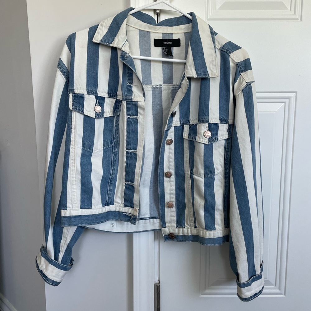Forever 21 Cropped Striped Denim Jacket